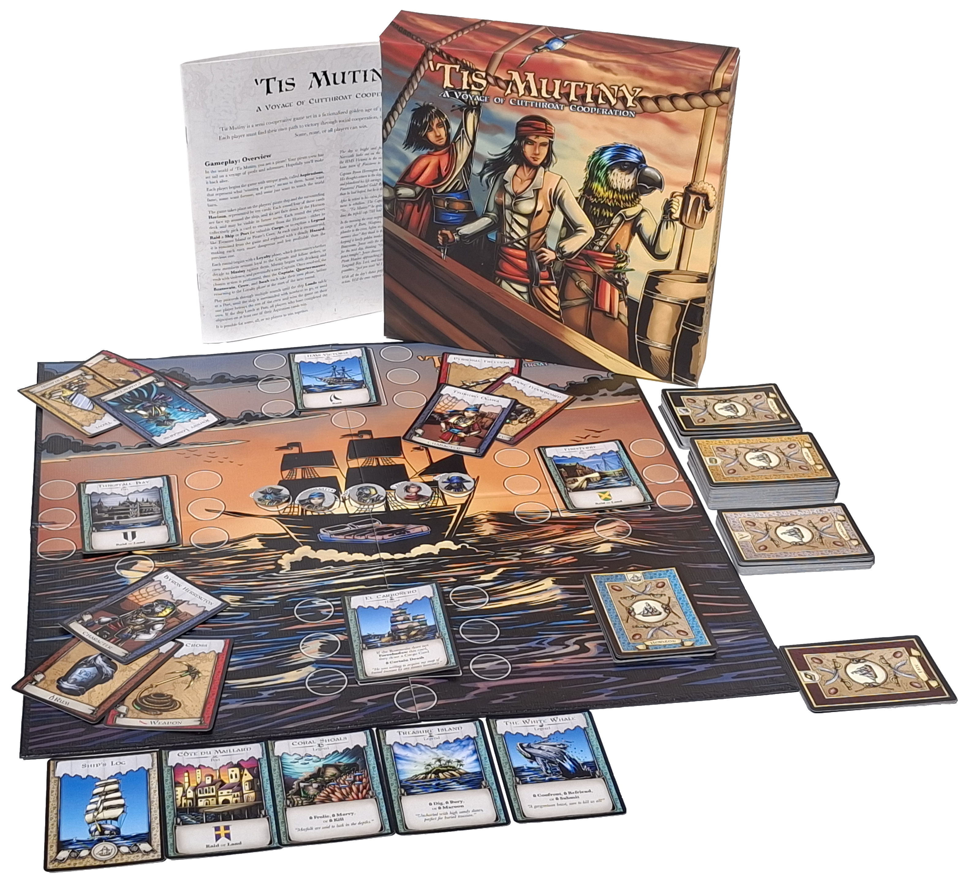 Tis Mutiny Game, with board, cards, and box